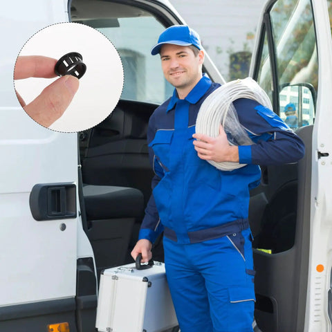 200 Pcs Nylon Cable Bushing Grommets Snap In Wire Protector Kit For Network Distribution Boxes And Office Setup Black Heavy Duty Wear Resistant Gear To Keep Cables Safe And Neat, black nylon grommet in hand