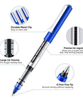 Rollerball Pens 0.7 Mm Blue Ink 25 Pack, High Capacity Writing Set showing durable clip, large ink volume, fine tip, and ink regulator.