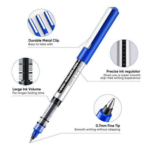 Rollerball Pens 0.7 Mm Blue Ink 25 Pack, High Capacity Writing Set showing durable clip, large ink volume, fine tip, and ink regulator.