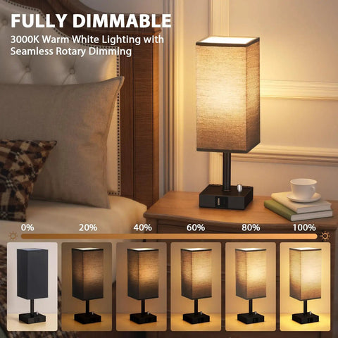 Black Fully Dimmable Nightstand Lamps Set Of 2 With USB C And USB A Ports, 2 AC Outlets, square linen shade on nightstand.