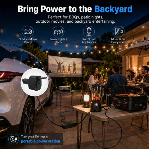 Essential Badass NACS V2L Adapter Turns Electric Rides Into Mobile Power Hubs, powering outdoor movie and kitchen appliances.