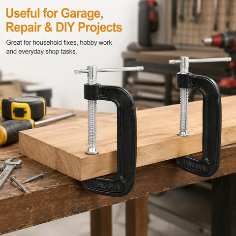 Six Pack 4 Inch C Clamps Set Black Malleable Iron C Clamps For Woodworking, shown clamping wood in workshop.