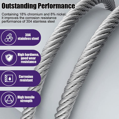Close-up of Stainless Steel Cable Kit 1 Quarter Inch 25ft Aircraft Wire Rope showcasing strands and material properties