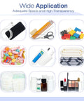 Clear Hard Shell Zipper Case Set, 4 Pack Grab-and-Go Storage Pouches shown with various items like toiletries, toys, and cosmetics.