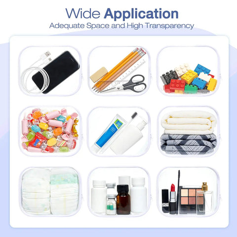 Clear Hard Shell Zipper Case Set, 4 Pack Grab-and-Go Storage Pouches shown with various items like toiletries, toys, and cosmetics.