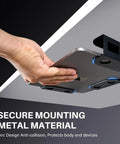 Person installing a laptop on the Prime Desk Real Estate Saver under desk mount made of solid steel for secure placement.