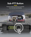 Sub-PTT button on Dual Band Ham Radio Handheld With Chirp Upgrade IP67 Waterproof Walkie Talkie in front of camp setup