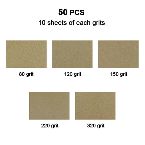 Huge 50 Sheet Sandpaper Pack 9 By 11 Inch Sheets assorted grit 80 120 150 220 320 aluminum oxide for wood metal auto.