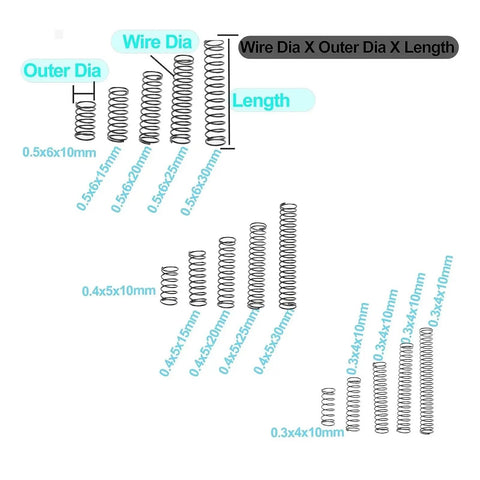 Diagram of 240 Piece Compression Springs Assortment Kit, 15 Sizes, Stainless Steel, showing dimensions and variety of springs