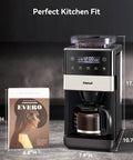 10 Cup Grind And Brew Coffee Maker Featuring A Sleek Touch Display, Programmable Schedule, Custom Grind Levels, Smooth Sip Keep Warm, And Hassle Free Set It Forget It Automation For Daily Caffeine Cravings next to a book on a kitchen countertop.
