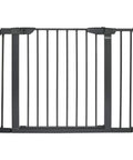 Front view of Walk Through Metal Baby Gate For Doorways, Adjustable from 29.5 to 40.5 Inches, Gray, pressure mounted with extensions.
