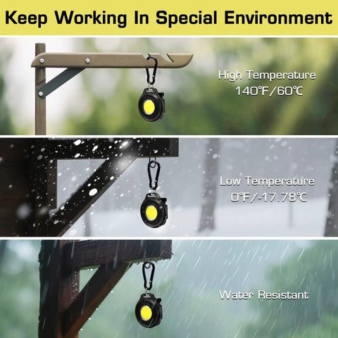 COB Keychain Light 2 Pack Ultra Compact USB C Rechargeable Carabiner Flashlight With Hat Clip EDC Magnetic 3 Modes Work Light shown in different weather conditions, including high temperature, low temperature, and water resistance.