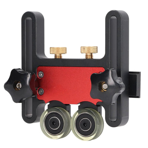 Premium Roller Table Saw Feeder For Woodworking Bench With Anodized Aluminum Base And Flexible Polyurethane Wheels, close-up angle.