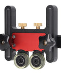 Adjustable Table Saw Featherboard With Smooth Rolling Wheels For Woodworking Safety And Precise Cutting Tight Grip That Locks Boards Straight Real Stability For Carpentry And Diy Builds On The Regular, featuring red and black design with PU wheels.