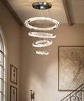 Dope Four Ring LED Crystal Chandelier Modern Flush Mount Ceiling Light with adjustable rings and DIY shape design, in living room.