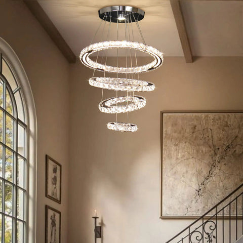 Dope Four Ring LED Crystal Chandelier Modern Flush Mount Ceiling Light with adjustable rings and DIY shape design, in living room.