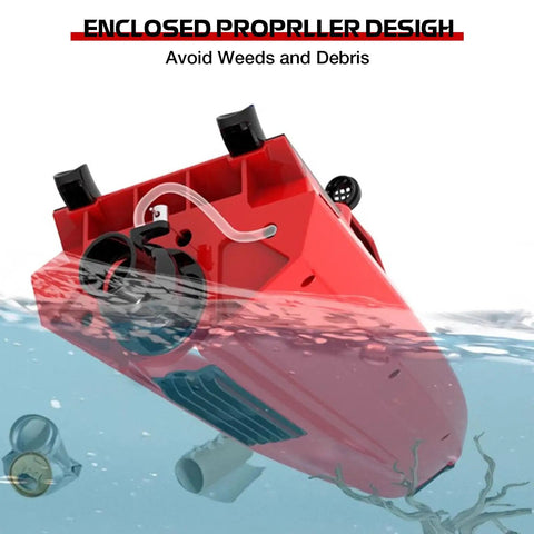 Bottom view of Beast High Speed RC Jet Boat with weedless design, dual batteries, and 2 4Ghz waterproof control in shallow water.
