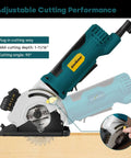 Two Enventor mini circular saws with laser guides, teal and blue bodies, 3 blades included for wood.