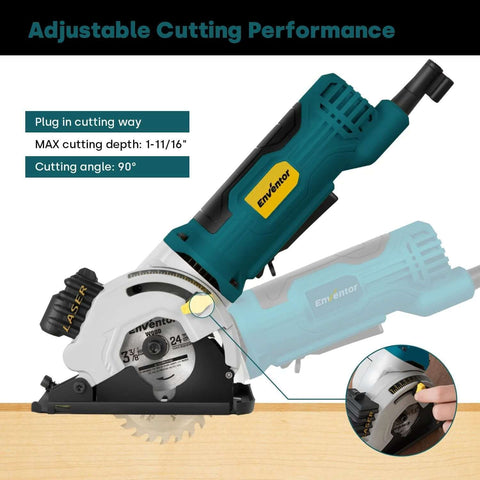 Two Enventor mini circular saws with laser guides, teal and blue bodies, 3 blades included for wood.