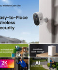 Wireless Outdoor Security Camera Kit With Local Storage 2K Resolution 6X Zoom 4 Camera System mounted on house exterior with AI alerts.
