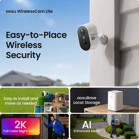 Wireless Outdoor Security Camera Kit With Local Storage 2K Resolution 6X Zoom 4 Camera System mounted on house exterior with AI alerts.