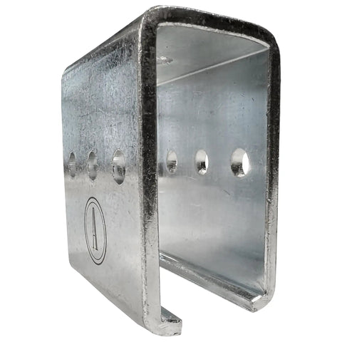 Beefy Beam Channel Trolley Track Hanger And Joiner Connector Bracket in zinc-plated steel, showing side angle for 1-5/8 inch strut channel.