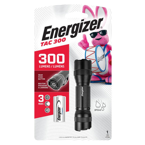 Product packaging for 300-lumen Heavy Duty Tactical LED Flashlight for EDC, Camping and Emergencies, including CR123 battery.