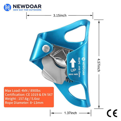 Illustration of Lightweight Rock Climbing Chest Ascender for Vertical Rope Climbing, CE Certified Rope Clamp with specs