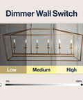 Dimmer wall switch panel showing low, medium, and high settings with Solid Six Light Pagoda Pendant Ceiling Lamp.