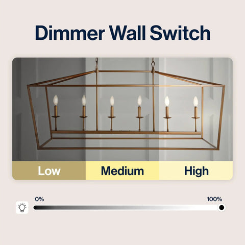 Dimmer wall switch panel showing low, medium, and high settings with Solid Six Light Pagoda Pendant Ceiling Lamp.