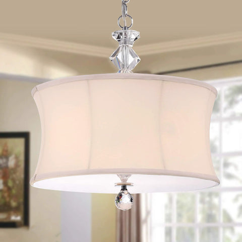 Chrome And Crystal 16 Inch Pendant Light With White Linen Shade For Dining Room And Living Room Dope Modern Glam Ceiling Fixture ETL Listed Requires Three 60 Watt Bulbs Not Included showing elegant style