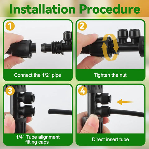Drip Irrigation Fittings Kit 1/2 Inch To 1/4 Inch Quick Connect installation steps for connecting and sealing tubing.