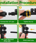 Installation steps for Half Inch To Quarter Inch Barbed Tee Quick Connector Kit For Drip Irrigation Push To Fit No Leak Splitter.
