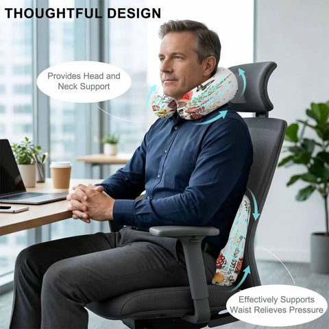 Man seated with U Shaped Memory Foam Travel Pillow For Airplane And Car, Ergonomic Neck Support in office setting
