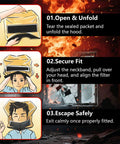 Fire Smoke Mask With Ninety Five Percent PM Two Point Five Filtration Thirty Minute Lifesaver Escape For Adults And Kids Eight Plus Aerospace Seal Tech And Three Second Quick Fit Home Office And Public Safety One Pack instructions