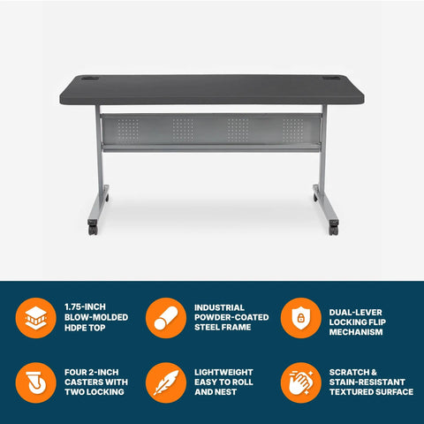 Front view of Pro Grade Nesting Flip Top Training Table With Blow Molded 1.75 Inch Thick Surface, Steel Frame, Heavy Duty Industrial Build, 24 By 60 Inch Charcoal Slate Top for Classrooms, Labs, and Training Rooms.