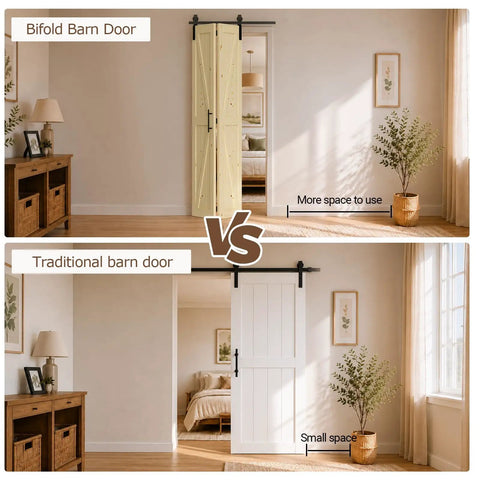 Comparison of Bifold Barn Door to Traditional Barn Door; Top Shelf 30 By 84 Inch Bifold Barn Door Kit With Complete Mounting Hardware Straight Up Solid Pine Wood Folding Room Divider Saves Serious Floor Space Smooth Glide Action No Fuss Build.