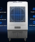 Portable Evaporative Air Cooler With Oscillating Louvers And Boosted Airflow Lightweight Whisper Quiet Mist Fan for Living Room or Garage, showing wide air supply and oversized water tank.
