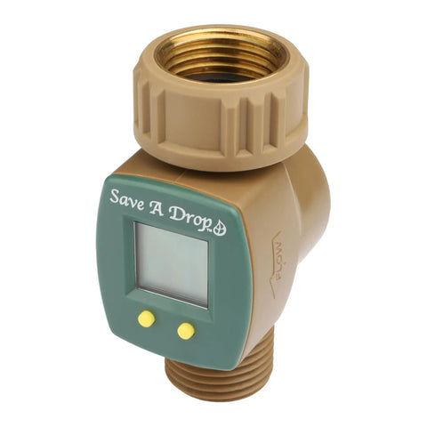 Brass Water Flow Meter For Outdoor Hoses And Lawn Sprinklers, Tracks Gallons Used To 0.1 Gal, Easy Read LCD, Durable Spigot Connector
