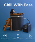 Top Shelf Vertical Cold Plunge Tub Paired With A Beastly 1Hp Chiller Heater Combo For Rapid Soreness Relief Crisp Ice Soaks To Soothing Warm Baths 118 Gallon Home Recovery Kit featuring a woman relaxing in the tub.