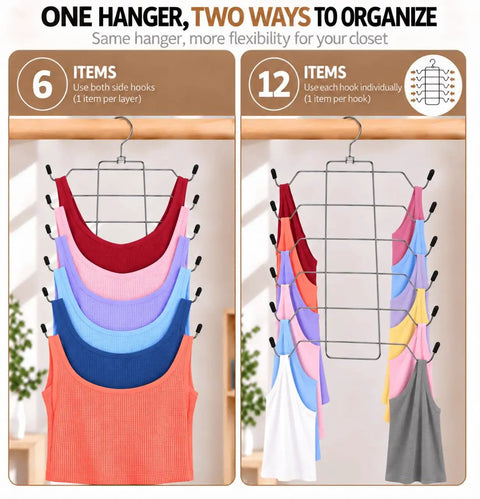 No Sweat Bra Hanger Rack And Tank Top Storage System Featuring 24 Sturdy Metal Hooks For Game Changing Closet Organization And Tight Space Management In Compact Rooms with tank tops arranged in two organization styles.