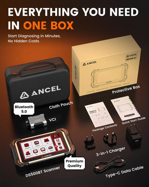 DS500BT Bidirectional Scan Tool For Full System Diagnostics with accessories including VCI, charger, and data cable