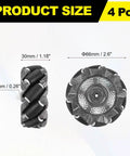 Two Piece Mecanum Wheel Set With Hex Pins And Screws, 66mm Omnidirectional ABS Rubber Wheels For Smart Robot Cars And DIY Models, Pro Grade Mobility, Durable Black, 4 piece size display