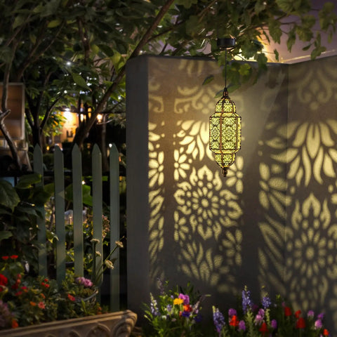 Outdoor Hanging Solar Lantern Lights No Wiring Needed, Waterproof Metal Moroccan Style Garden Decor casting shadow on wall