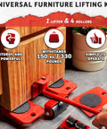 Heavy Duty Furniture Lifter And Moving Dolly Kit with rollers lifting a wooden cabinet, showcasing 150 kg capacity and easy operation.