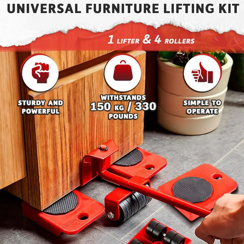 Heavy Duty Furniture Lifter And Moving Dolly Kit with rollers lifting a wooden cabinet, showcasing 150 kg capacity and easy operation.