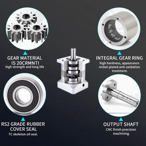 Planetary gearbox speed reducer with central housing and protruding output shaft; metal CNC-finish construction.