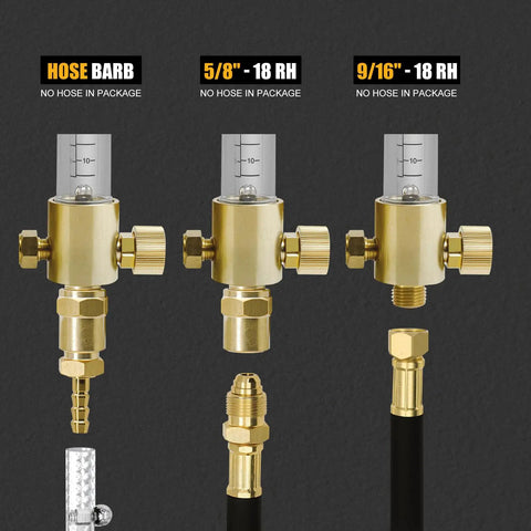 Dual Output Argon and CO2 Regulator Flowmeter for TIG and MIG Welders, 60 SFCH, three outlet options with adapters shown.