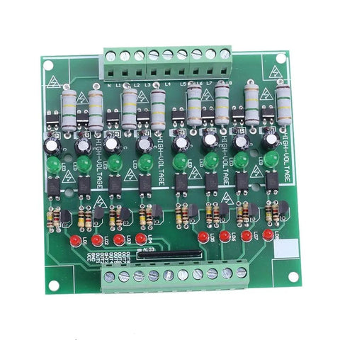 Top view of 8 Channel Optocoupler Isolation Module for AC 110V and 220V NPN low level output, showcasing circuit board components.