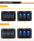 LED lighting effect on 3 Gang Aluminum Panel Toggle Rocker Switch Kit With Pre Wired Harness For Automotive Cars Boats Marine Trucks 12V 24V Blue With DIY Sign Stickers And Fuses Safe Durable Built To Last showing switches in on and off positions.